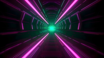 Futuristic space tunnel with green pink neon lights in a octagon shape, modern space technology design, digital computer illustration in dark mood, wallpaper