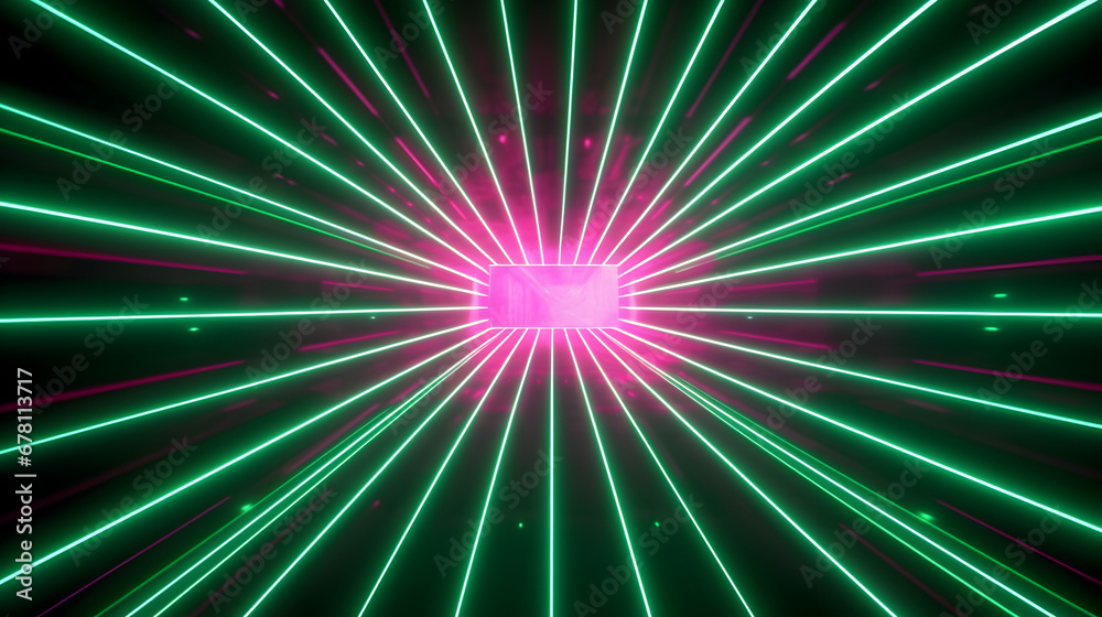 Wall mural futuristic space tunnel with green pink neon lights in a octagon shape, modern space technology desi