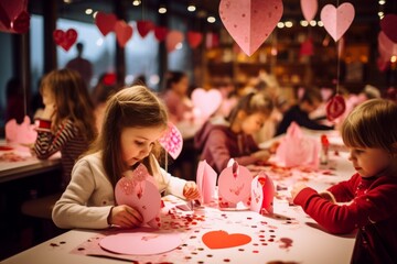 children are gathered around a table, deeply engaged in making Valentine's crafts