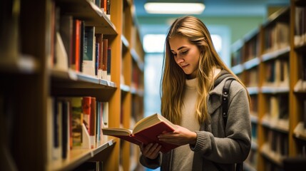 Caucasian female student in glasses reads book standing near shelves in university library. Obtaining knowledge at educational institution. Lady enjoys experience of curiosity and perseverance - obrazy, fototapety, plakaty