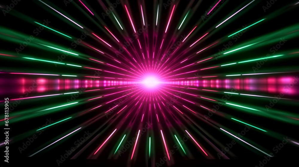 Wall mural Futuristic space tunnel with green pink neon lights in a octagon shape, modern space technology design, digital computer illustration in dark mood, wallpaper