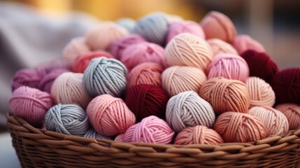 Obraz premium Close-up of coloured skeins of wool thread in a wooden basket. Cosy hobby concept. Generative AI