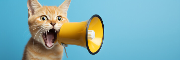 Cute cat holds a yellow loudspeaker