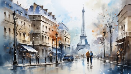 Winter Paris in watercolor style by Generative AI - obrazy, fototapety, plakaty