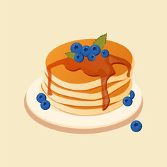 Pancakes with blueberries and syrup icon vector. Pile of pancakes on a plate, Pancake Day. vector