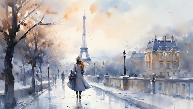 Winter Paris in watercolor style by Generative AI