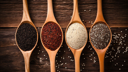 White red and black quinoa seeds in wooden spoons