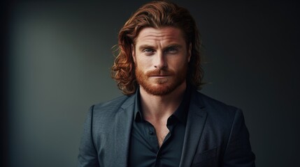 Handsome groomed man with red hair and beard on dark background. - obrazy, fototapety, plakaty
