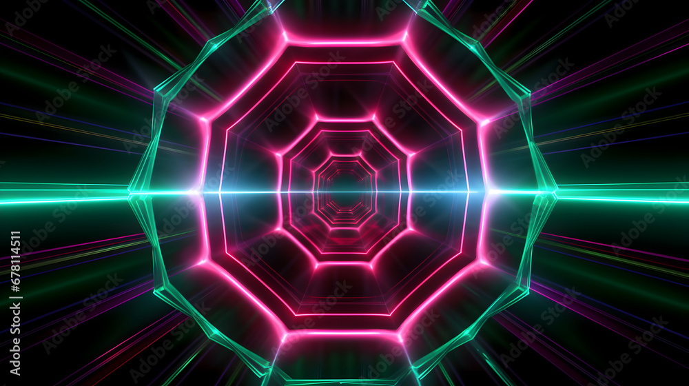 Wall mural Futuristic space tunnel with green pink neon lights in a octagon shape, modern space technology design, digital computer illustration in dark mood, wallpaper