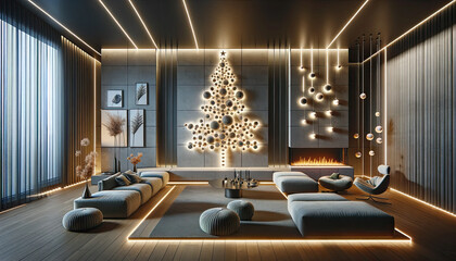A modern living room reimagined for the Christmas season, showcasing an innovative layout. In this setting, a sleek, wall-mounted Christmas tree made