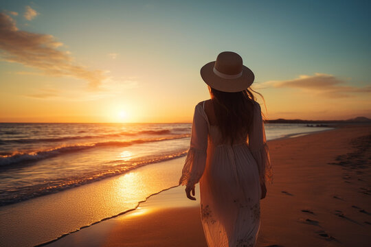 Rear view of A young woman walks and enjoys a beautiful sunset on the beach, aesthetic look