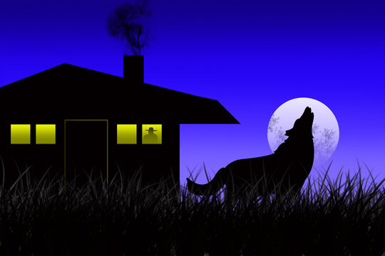 Halloween House with a Horror Character and a Wolf | Halloween Theme Digital Art | Haunted House with a Moon | Wolf Art