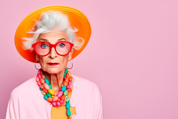 Funny stylish elderly grandmother in glasses poses at studio. Senior old woman looking at camera over bright background