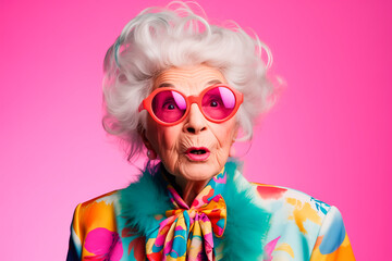 Funny stylish elderly grandmother in glasses poses at studio. Senior old woman looking at camera over bright background - obrazy, fototapety, plakaty