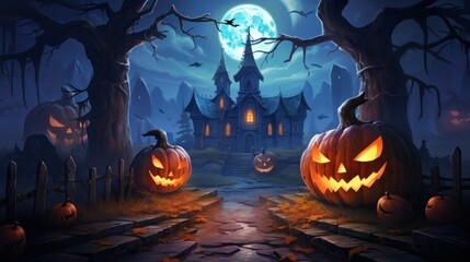 Halloween Night Scene with Moon, Pumpkin, and Haunted House: An Illustration Capturing the Spooky Atmosphere of a Halloween Night.