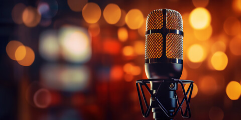 Closeup of professional microphone with dark bokeh light backdrop. Karaoke or concert concept....
