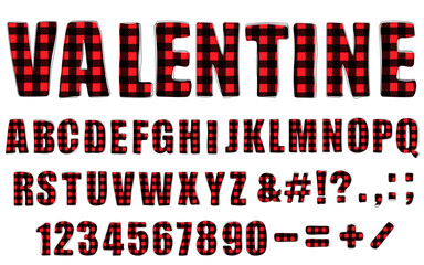 Valentine trendy alphabet. Hand drawn doodle font with Tartan plaid in red and black. Modern Uppercase letters, numbers and punctuation marks. For poster, banner, T shirt. Valentines day. Vector illus - obrazy, fototapety, plakaty