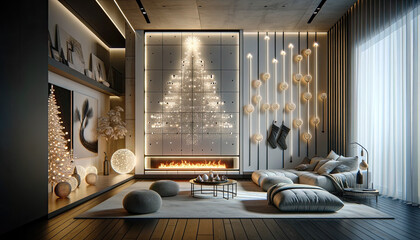 A modern living room reimagined for the Christmas season, showcasing an innovative layout. In this setting, a sleek, wall-mounted Christmas tree made