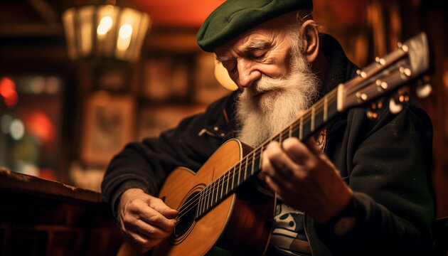 Senior Man Playing On A Guitar In Traditional Irish Pub