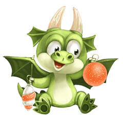 Cute cartoon green Dragon sit and examines Christmas decorations on a white background