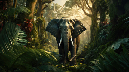 An elephant strolls, surrounded by lush tropical greenery. The dense forest hosts towering trees, and the leaves create a vibrant mosaic.