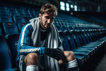 An injured soccer player sits on the bench, their expression revealing the disappointment and frustration of not being able to play