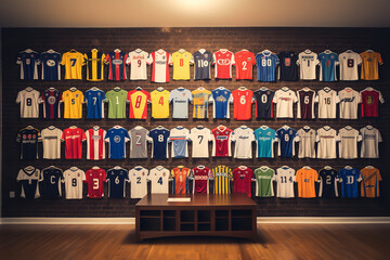 A collection of soccer jerseys, featuring various teams and players, is displayed on a wall,...
