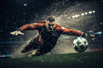 A goalkeeper is seen diving in full stretch to make a save during a tense penalty shootout, the crowd in the background holding their breath - Powered by Adobe