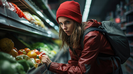 Obraz premium A woman steals vegetables in a grocery store.