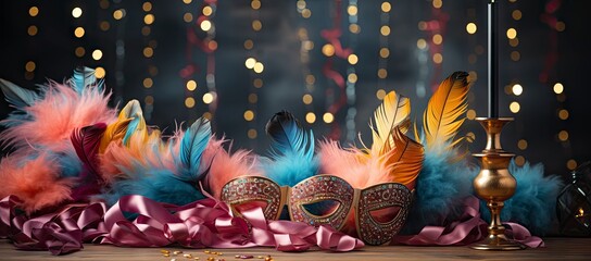 Naklejka premium A collection of colorful Venetian masks and golden goblets, evoking a festive and mysterious masquerade ambiance.