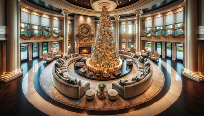 Obraz premium A spacious and elegant living room decorated for Christmas, featuring a unique layout. In the center of the room, there's a large, round Christmas tree