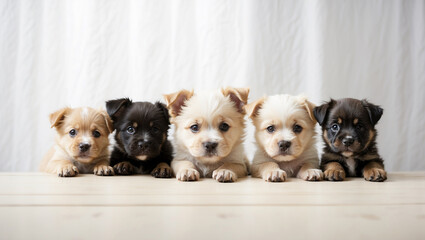 5 perros cachorros que miran con curiosidad por encima de una tabla de madera © odela