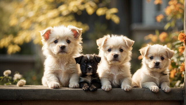 4 perros cachorros que miran con curiosidad por encima de un muro de madera
