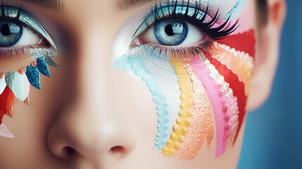 Carnival colourful bright makeup, close up of women face. Masquerade makeup idea. Generative AI