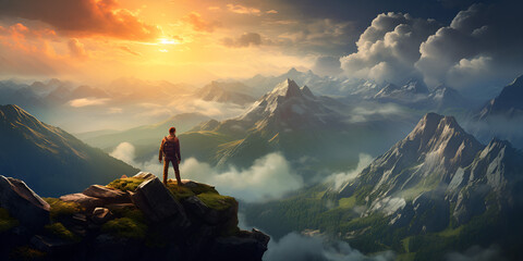 Man with backpack standing on the top of a mountain and looking at the sunset. 