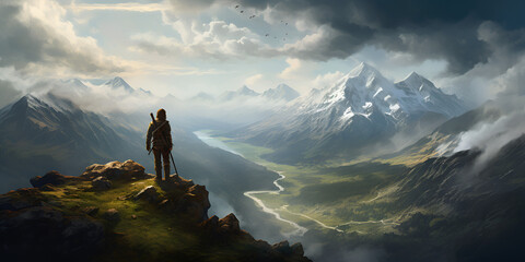 A mountain climber looking out over a vast valley. Summit Vistas: Mountain Climber's View