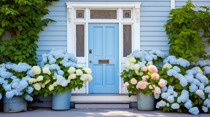 Blue front door of traditional style home.