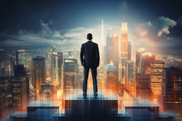Fototapeta na wymiar Rear view of businessman standing on bar chart and looking at city with creative double exposure effect, Concept of career ladder and investment, soft light photography