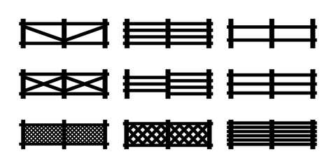 Set black silhouette wooden fence horizontal, diagonal isolated. PNG - obrazy, fototapety, plakaty