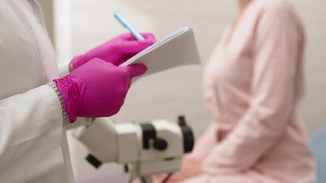 A female patient has a consultation with her gynecologist in a medical clinic. Women's health, colposcopy, examination of the uterus and ovaries.