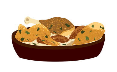 Fried chicken in cream garlicky sauce.Shkmeruli, traditional georgian tasty hot dish.Caucasian Kartuli food, Sakartvelo cuisine.Tasty meat meal.Flat vector illustration isolated on white background