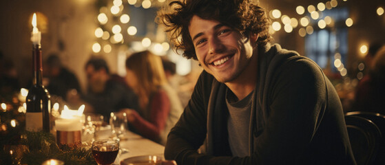 Portrait of young man smiling at camera while sitting at table in restaurant.