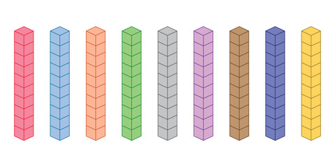 Rods represent tens. Learning about base ten blocks. Flats longs squares in mathematics. Scientific resources for teachers and students. Vector illustration. - obrazy, fototapety, plakaty