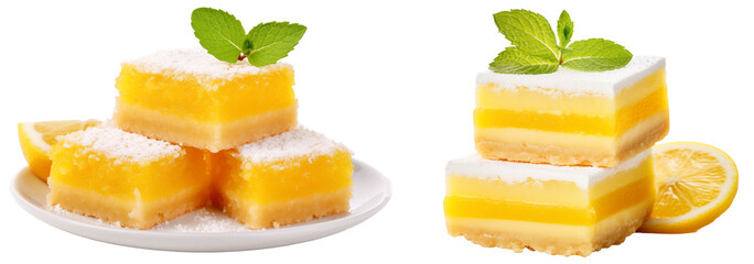 Lemon bars with a tangy citrus filling isolated on white background, dessert collection - obrazy, fototapety, plakaty