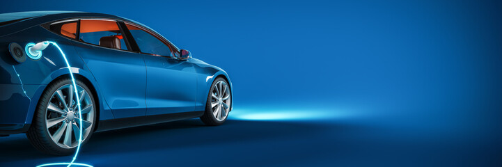 Blue electric car connected to charger on blue background with copy space. 3D Rendering, 3D Illustration - obrazy, fototapety, plakaty