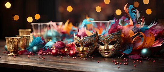 A collection of colorful Venetian masks and golden goblets, evoking a festive and mysterious masquerade ambiance. - obrazy, fototapety, plakaty