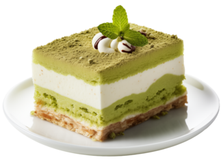 Matcha green tea tiramisu on a white plate isolated on transparent background