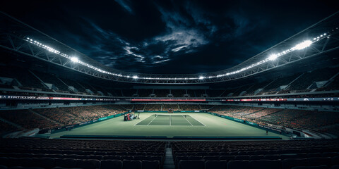 A soccer stadium at night the stadium was made in 3d without using existing references concept cricket football hokey and other sports against night background  - obrazy, fototapety, plakaty