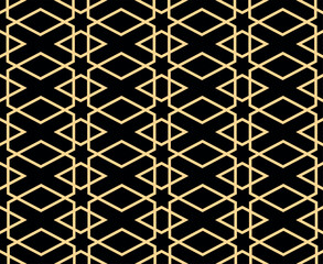 The geometric pattern with lines. Seamless vector background. Gold and black texture. Graphic modern pattern. Simple lattice graphic design