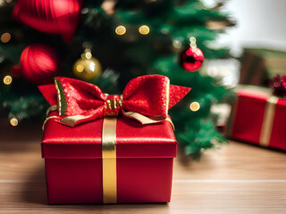 Gift box under decorated christmas tree